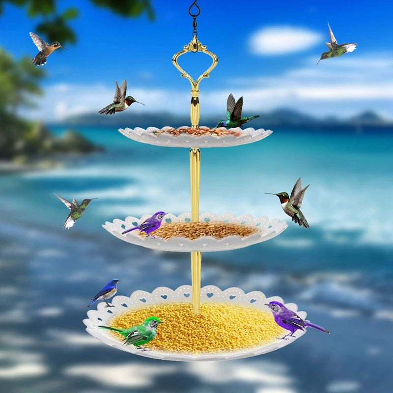 3-Tier Metal Hanging Bird Feeder and Bath for Outdoor Gardens