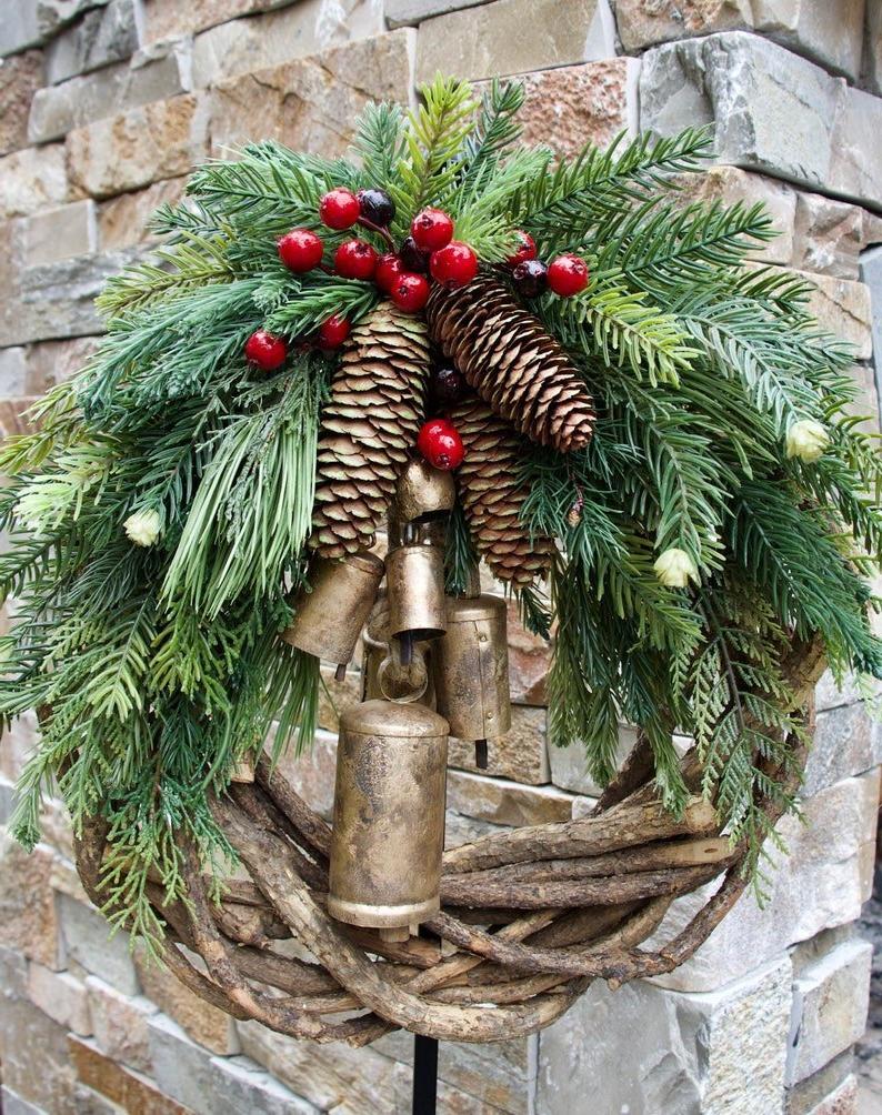 Farmhouse Christmas Wreath - Boho Style Holiday Decor for Front Door
